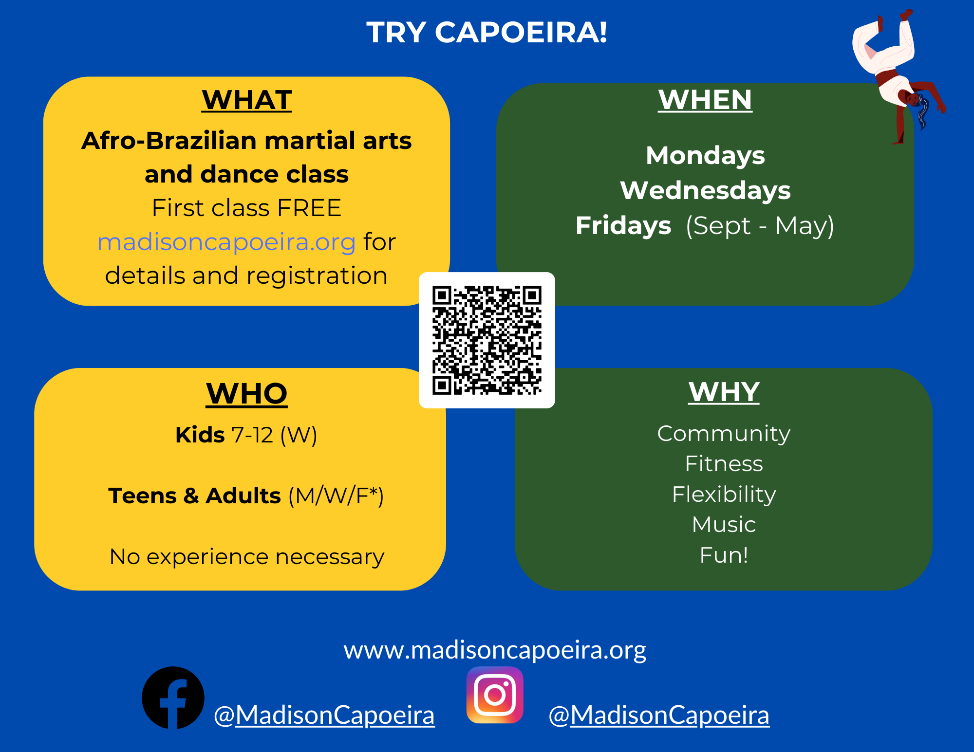 QR code to scan for class registration in the center of four boxes with details about classes. @MadisonCapoeira social media handles below